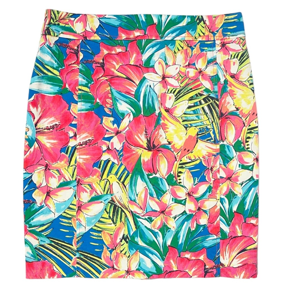 Ann Taylor Loft Tropical Print Skirt Green Pink Bird Floral Denim SZ 2 Petite